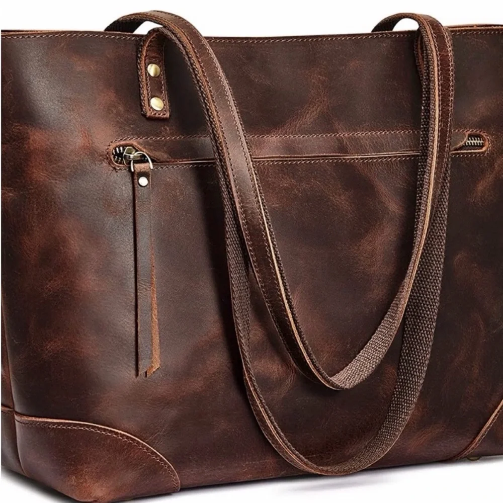 S-Zone Distressed Leather Tote Bag Brown Laptop Work Bag + Card Holder - Picture 2 of 13
